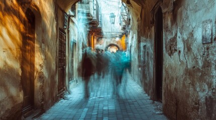 Fototapeta premium A Blurred Perspective of People Walking Through an Old City Alleyway