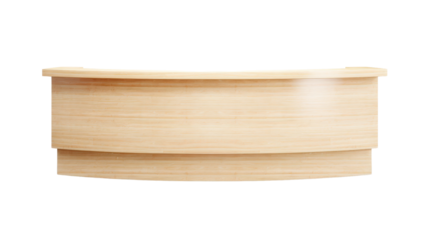 Wooden reception desk with curved design, white isolate background.