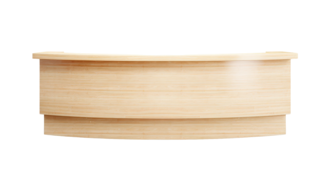 Wooden reception desk with curved design, white isolate background.