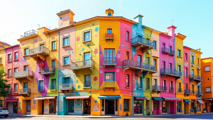 Fototapeta premium A Brightly Colored Building Showcasing Artistic Patterns, Celebrating Creativity and Imagination in Urban Architecture