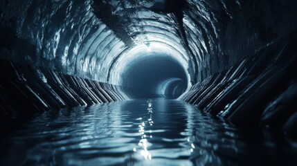Fototapeta premium A dark, concrete tunnel with a water channel at the bottom.
