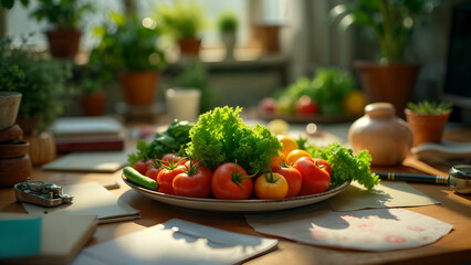 A Vibrant Office Workspace Cluttered with a Plate of Fresh Vegetables Amidst Inspiring Work Materials