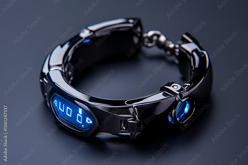 Poster futuristic handcuffs with digital lock display and sleek, high-tech design, symbolizing advanced sec