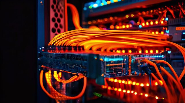 Close up of server rack with orange cables plugged into ports.