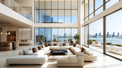 Fototapeta premium Modern Living Room with Large Windows and City Skyline View