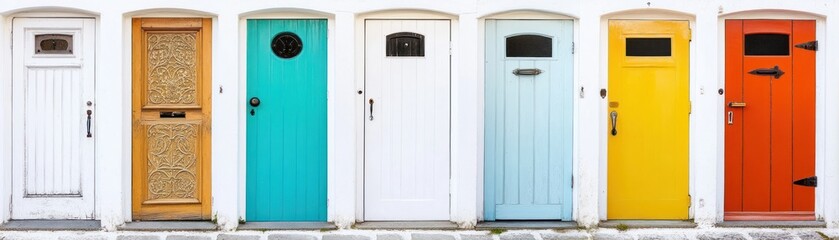 Obraz premium A row of colorful doors in various styles and colors, showcasing architectural diversity.