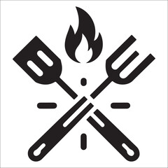 BBQ with flame icon, Grill sign meat and food icon, fork and spatula Barbeque icon symbol, Barbeque Icon Vector Illustration Sign