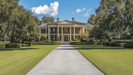 Obraz premium A grand, white, two-story mansion with a walkway in front