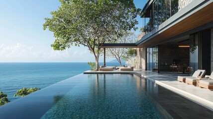 Fototapeta premium Modern Architecture with Infinity Pool Overlooking the Ocean