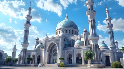 Fototapeta premium A grand mosque with blue domes and tall minarets under a bright sky.