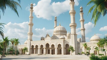 Fototapeta premium A grand mosque featuring tall minarets, domes, and palm trees under a clear sky.