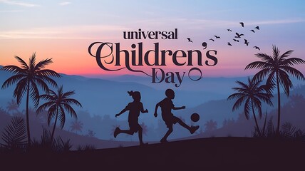 Silhouette of Children Playing on a Hill Against a Vibrant Sunset, Celebrating Universal Children&rsquo;s Day with Minimalist Tropical Scenery and Joyful Atmosphere