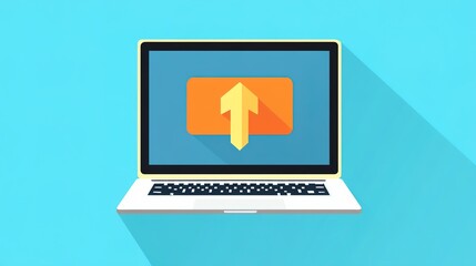 Modern laptop displaying a website with an upward arrow icon on the screen, symbolizing growth, progress, or upward navigation. The sleek laptop set against a white background highlights the screen
