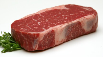 Fototapeta premium Fresh Raw Beef Steak on White Background with Sprig of Rosemary for Culinary and Food Photography