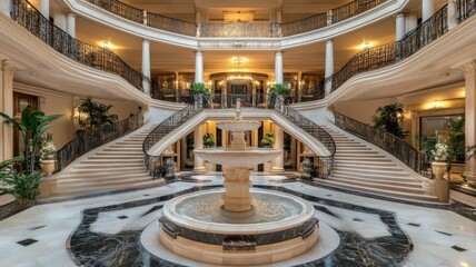 Obraz premium Grand Staircase and Fountain in a Luxurious Mansion