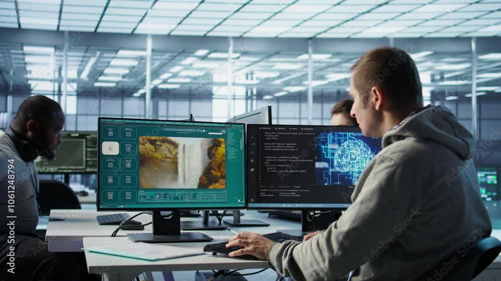 Fototapete Engineer in server hub making generative artificial intelligence website generating videos using diffusion model algorithms. Employee coding AI virtual assistant producing clips, camera B