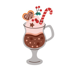 Cocoa with whipped cream in glass mug flat color vector object. Hot Christmas drink for holiday mood illustration on white background