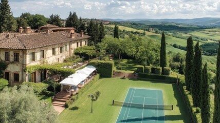 Tuscan Villa with Tennis Court and Expansive View