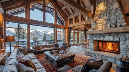 Cozy Cabin Living Room with Mountain View and Fireplace