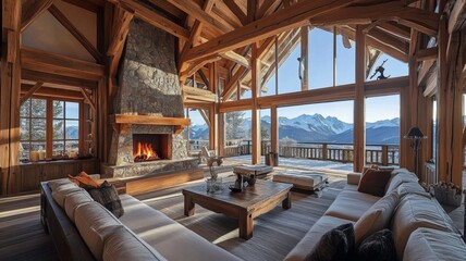 Naklejka premium Cozy Living Room with Mountain View and Fireplace