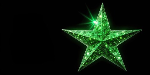 festive green sparkling star on black background, tilted angle