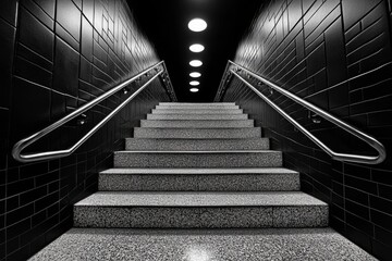 Fototapeta premium Narrow staircase descending into darkness, with only faint light at the top, capturing the ominous feeling of horror in confined spaces, symbolizing mystery and suspense