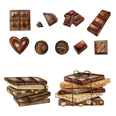 Set of chocolate pieces illustrations. Stacks, candy, bars isolated on white background. Hand painted watercolor clip art.