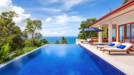 Fototapeta premium A luxurious villa with an infinity pool overlooking the ocean and lush greenery.