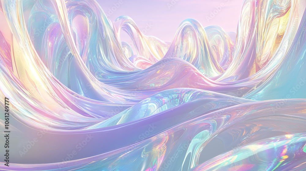 Wall mural iridescent wave moving environment texture - colorful reflective shapes form an abstract and minimal