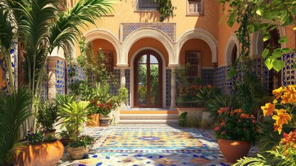 Fototapeta premium A sun-drenched courtyard with arches, tiled floors, and lush greenery.