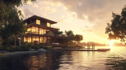 Fototapeta premium Modern Waterfront House at Sunset with a Wooden Dock