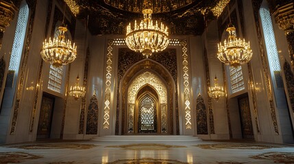 Fototapeta premium A grand, ornate hall featuring intricate designs and chandeliers.