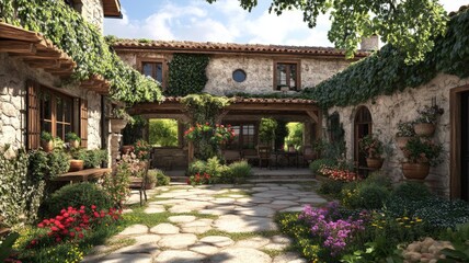 Obraz premium Stone Courtyard of a Rustic Italian Villa with Lush Greenery and Flower Beds