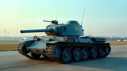 A Unique Weathered Blue Tank on the Runway at the Airport Surrounded by Vivid Landscapes and Air Traffic