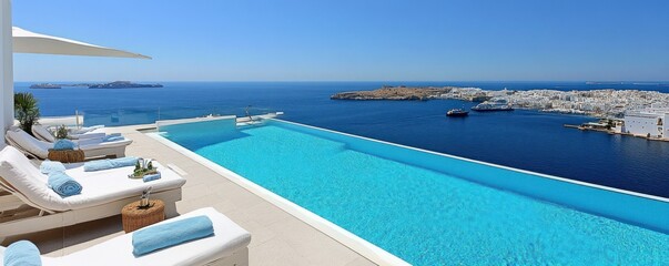Obraz premium Luxurious infinity pool overlooking the ocean and a coastal town.