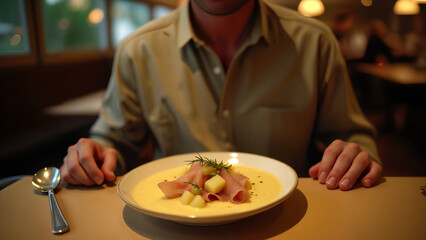 Culinary Delight: A Man Enjoying Creamy Soup with Ham and Pineapple at a Restaurant
