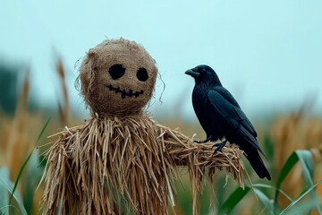 Scarecrow with a crow perched on its straw arm in a misty field, capturing the eerie and solitary atmosphere of scarecrows in quiet settings, symbolizing companionship and mystery