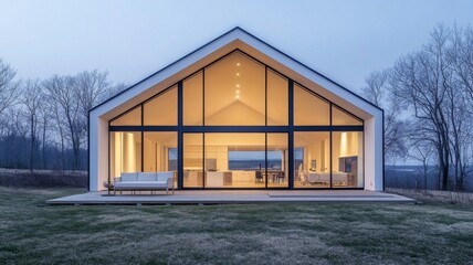 Obraz premium Modern House with Large Windows and Deck Overlooking a Field