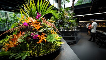 Colorful culinary display at a catered gathering with guests socializing in the background