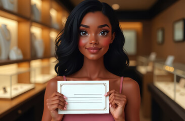 African American woman holding discount certificate mockup