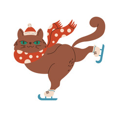 Playful New Year cat on skates flat color vector character. Funny animal in Santa hat and winter scarf illustration on white background