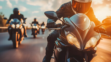 Dynamic Motorcycle Riders on Open Road at Sunset