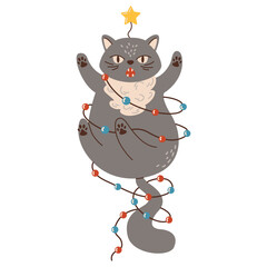 Cat in Christmas light garland flat color vector character. Naughty cat entangled in winter holiday decor illustration on white background