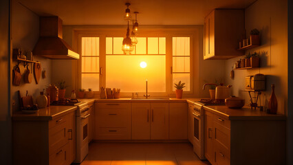 Fototapeta premium A Cozy Small Kitchen Bathed in the Warm Colors of a Setting Sun Creating an Inviting Atmosphere