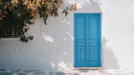 Blue Doorway with White Wall and Orange Flowers