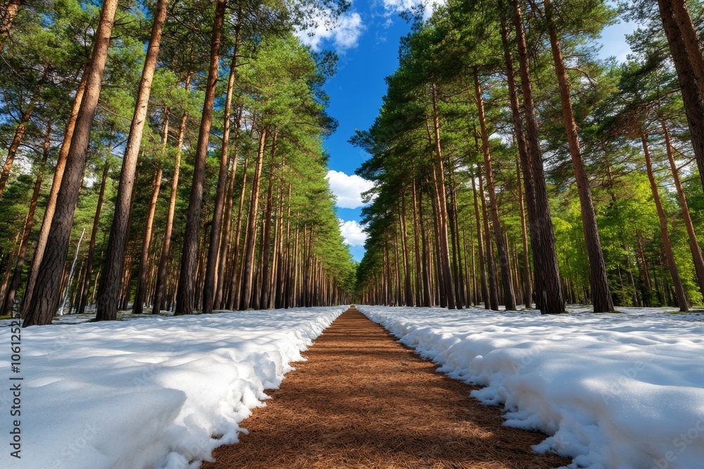 Poster Snowfall in a pine forest with soft light filtering through trees, capturing the quiet, majestic beauty of winter landscapes, symbolizing serenity and depth