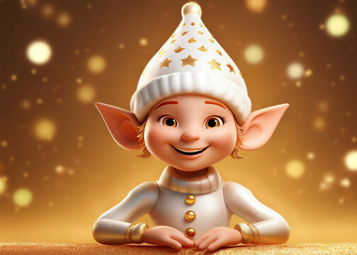 Elfo ni&ntilde;a de navidad con gorro de navidad sobre fondo dorado con destellos y brillos m&aacute;gicos, ilustraci&oacute;n de navidad en 3d, IA, feliz navidad, elfo animado, renderizado 3d, dibujo de navidad, nieve.