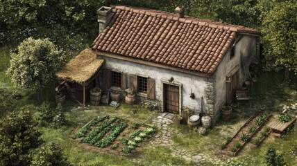 Fototapeta premium Stone Cottage with Garden and Surrounding Trees
