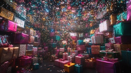 Obraz premium A Pile of Wrapped Gifts Under a Sparkling Sky