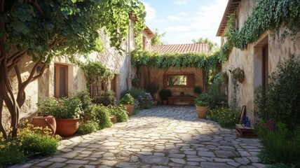Stone Pathway Leading Through a Lush, Sunlit Courtyard of an Old Italian Villa